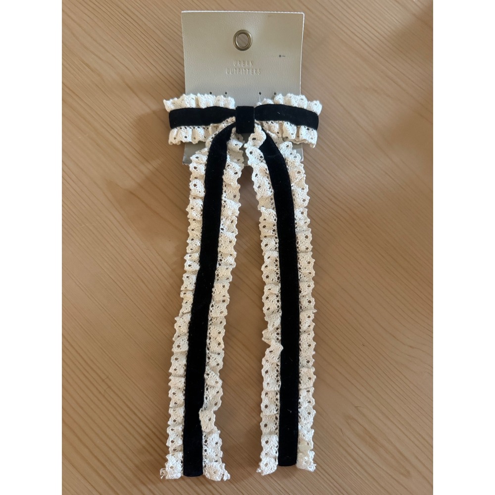 Urban Outfitters Black Velvet White Eyelet Lace Bow Hair Clip Barrette Coquette